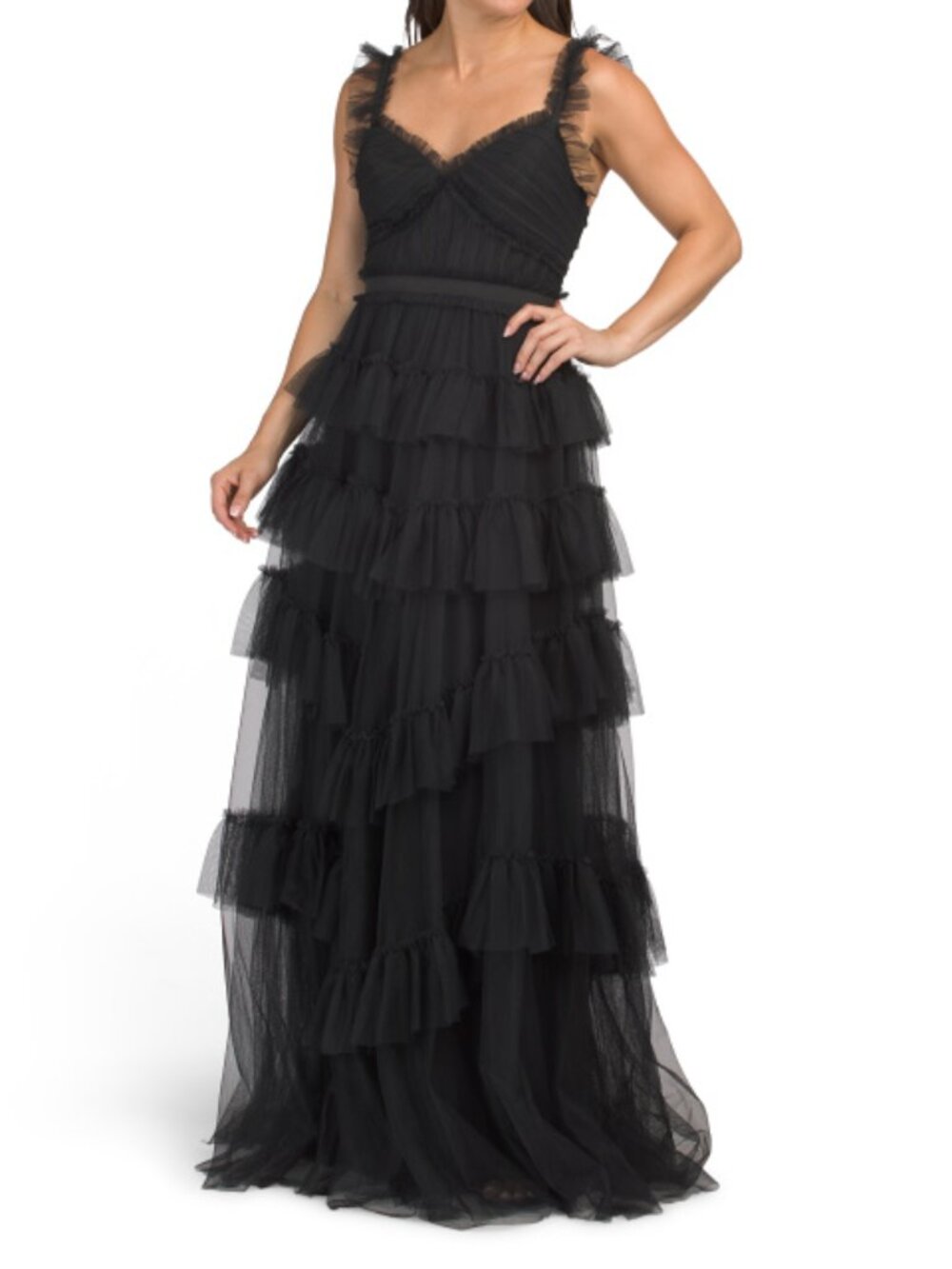 BETSY & ADAM Long Tiered Mesh Gown